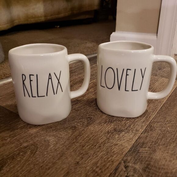Rae Dunn Pottery Coffee Mugs "Relax" And "Lovely" Qty 2 NEE - Picture 1 of 9